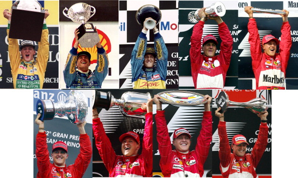 (FILES) This combo shows German driver Michael Schumacher holding his trophy after winnning several F1 Grand Prix on (L-R) August 30, 1992, March 24, 1994, July 02,1995, September 24, 2000, August 19, 2001, April 14, 2002, May 18, 2003, March 07, 2004 and October 01, 2006 . Seven-time world champion Michael Schumacher confirmed on October 4, 2012 that he will retire for the second time at the end of 2012. AFP PHOTO        (Photo credit should read -/AFP/GettyImages)