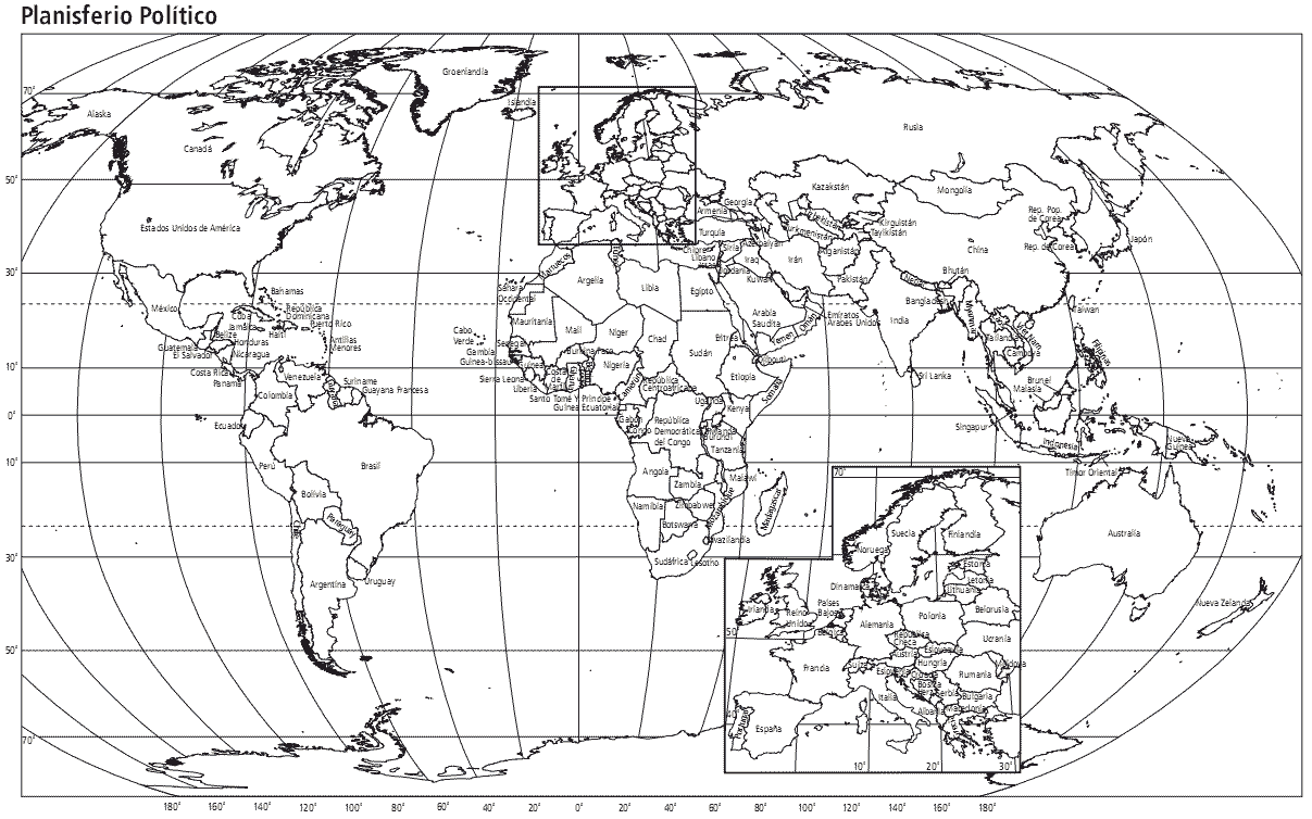 Mapa Planisferio Con Nombres Blanco Y Negro Colorear